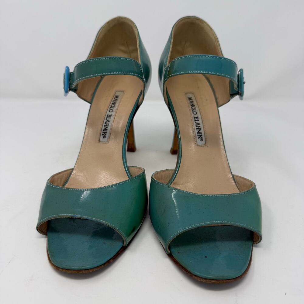Manolo Blahnik Turquoise Blue Patent Leather Peep Toe Mary Jane Heeled Sandal 38 - Picture 2 of 10